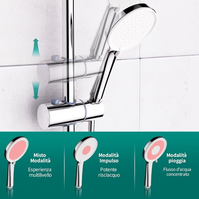 Detalle de MORADO Miscelatore doccia con tubo flessibile da 1,5 m, saliscendi e doccetta 3 funzioni cromo