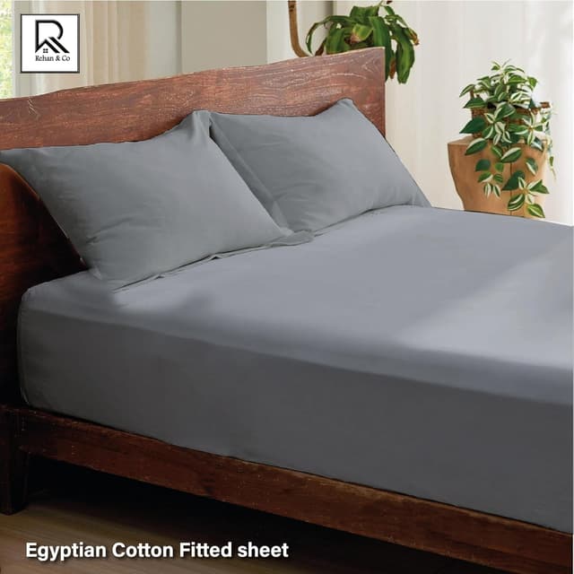 Detalle 2 de Rehan & Co 100% Egyptian Cotton 300 Thread Count Deep Fitted Sheet (12”/30cm) – Grey, Double