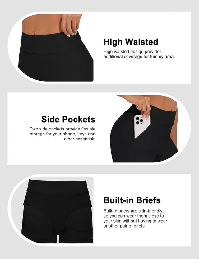 Detalle de Bonneuitbebe High-Waisted Women’s Swim Shorts with Pockets & Built-In Brief