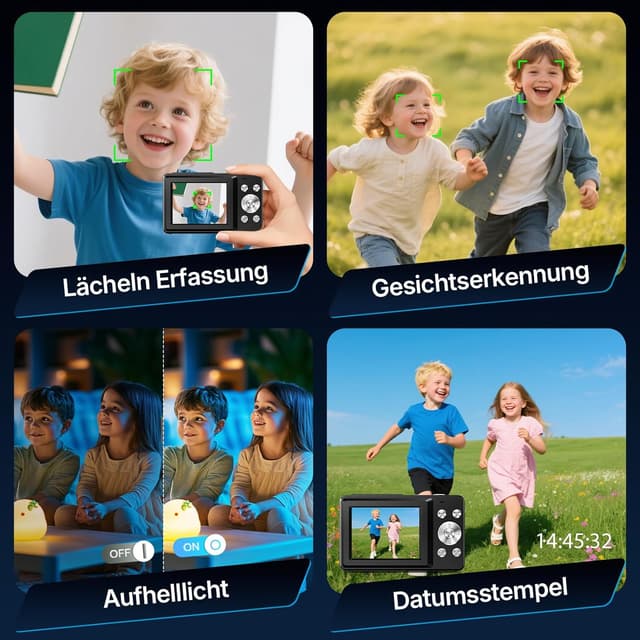 Detalle de LOUM Digitalkamera Kompakte Kamera mit 44 MP Fotos, 1080P Video, 2,4" IPS und Webcam-Modus (32 GB TF-Karte) – Schwarz