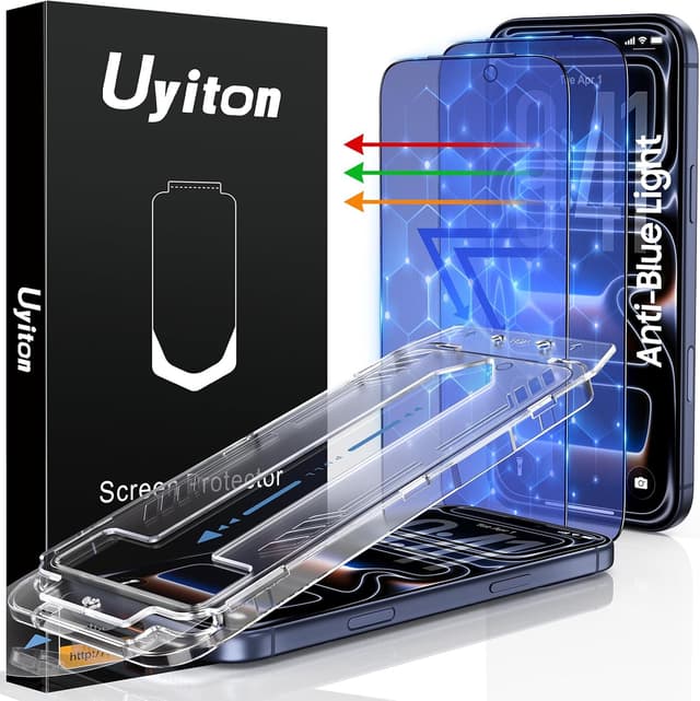 Detalle de Uyiton iPhone 17 Pro Screen Protector (Anti-Blue Light) — 9H Tempered Glass, Full Coverage, 2 Pack