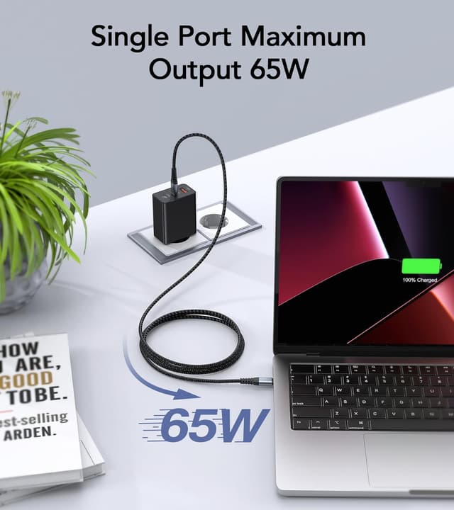 Detalle de 65W USB-C Ladegerät mit 3 Ports (USB + USB-C) und 2 m Ladekabel – Multiport Netzteil für MacBook, iPhone & mehr