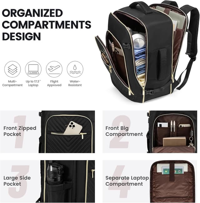 Detalle 2 de LOVEVOOK Handgepäck-Rucksack 40L für Damen (17,3 Zoll Laptop) mit 180°-Öffnung und wasserdichtem Polyester