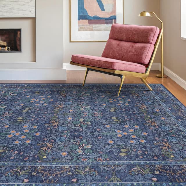 Thumbnail 2 de 5x7 Dark Navy Blue Vintage Floral Area Rug 🏡