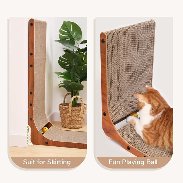 Detalle de FUKUMARU Cat Scratcher 68cm L-Shaped Cardboard Scratch Pad with Ball Toy (Walnut)
