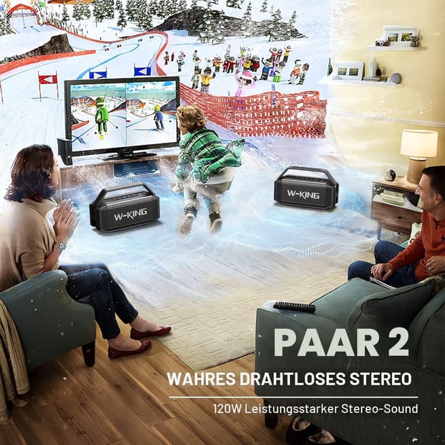 Detalle de W-KING D9-1 Bluetooth-Lautsprecher Box groß (100W max, IPX6) mit passivem Radiator, EQ, AUX & TF