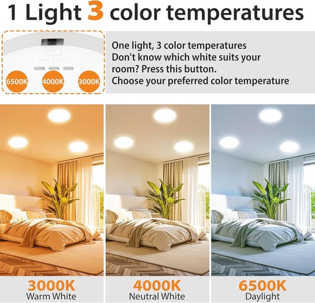 Detalle de slochi LED-Deckenleuchte flach 18W, Ø22 cm, 3 Lichtfarben (3000/4000/6500 K) – IP44 für Bad & Flur