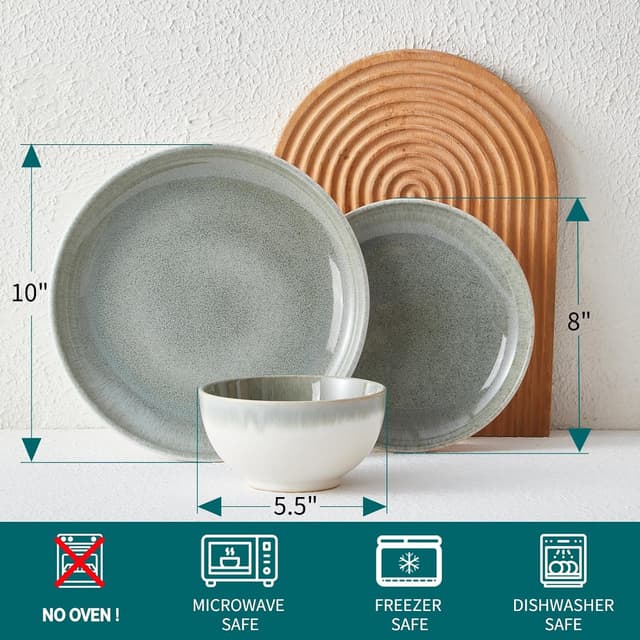 Detalle 2 de Pokini Gradient Green Reactive Glaze Stoneware Dinnerware Set (12-Piece)