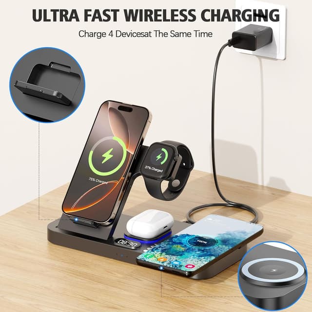 Detalle de YiJYi Dual Phone Wireless Charging Station (30W) with Auto-Switch, Clock & Night Light