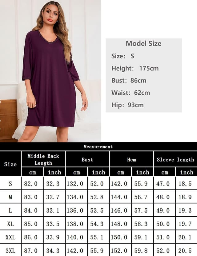 Detalle de Chemise de nuit femme en coton et élasthanne Uniexcosm, col en V, manches 3/4 avec dentelle