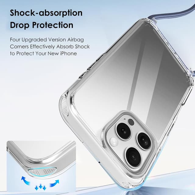 Detalle de Vaykwo Handykette mit Band für iPhone 16 Pro – transparente Necklace-Hülle mit Kameraschutz & Bildschirmschutz (blau)