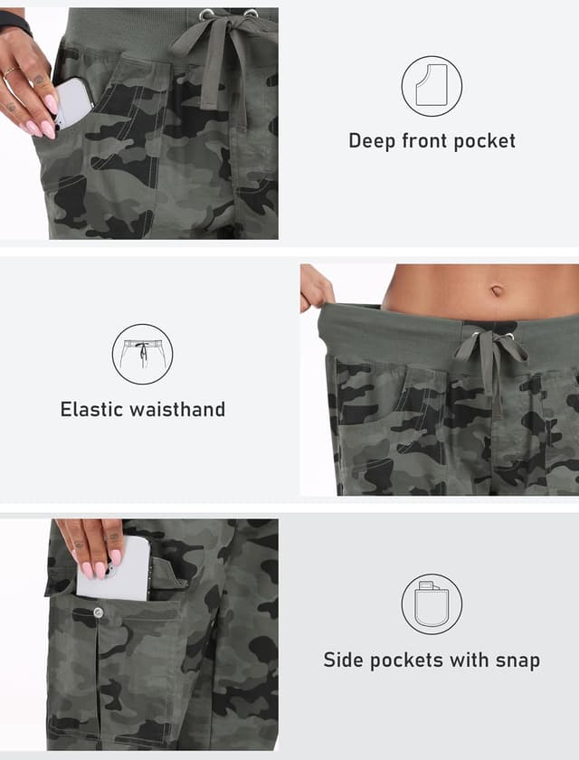 Detalle de JINSHI Damen-Cargohose „Lange Capri“ High Waist mit Kordelzug – atmungsaktiv, leicht und mit Cargo-Taschen