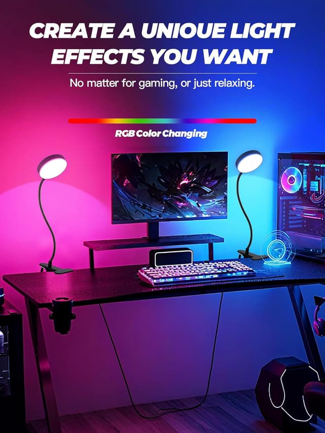 Thumbnail 4 de ReinHoo Desk Lamp,10 Colors RGB&Warm White Desk Light,10 Brightness Dimmable Clip On Light,500LM Bright Reading Light,USB Adapter Table Lamp for Office,Computer,Work,Study,Craft,Bedside Table,Bedroom
ReinHoo Desk Lamp,10 Colors RGB&Warm White…