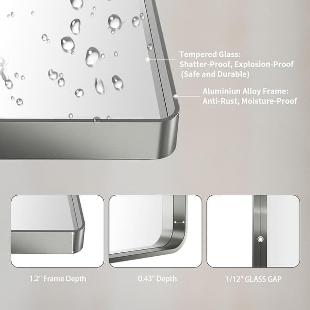 Detalle de LOAAO 24x36 Brushed Nickel Bathroom Mirror (Rounded Rectangle) — Clear, Anti-Rust Metal Frame