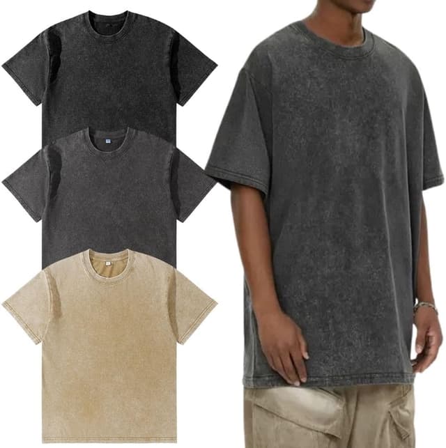 Detalle de Herren Oversized T-Shirt 3er Pack aus Baumwolle – Basic, retro gewaschen & lässig für jeden Tag