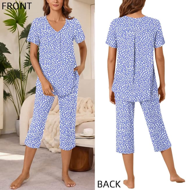 Detalle de Bestbee Women’s 2-Piece Pajama Set (V-Neck Top & Capri Pants with Pockets) — Summer Lounge Sleepwear