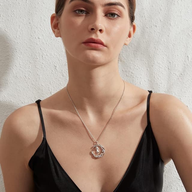 Detalle de jiamiaoi Katzen Halskette mit Anhänger (925 Silber) und Mondmotiv