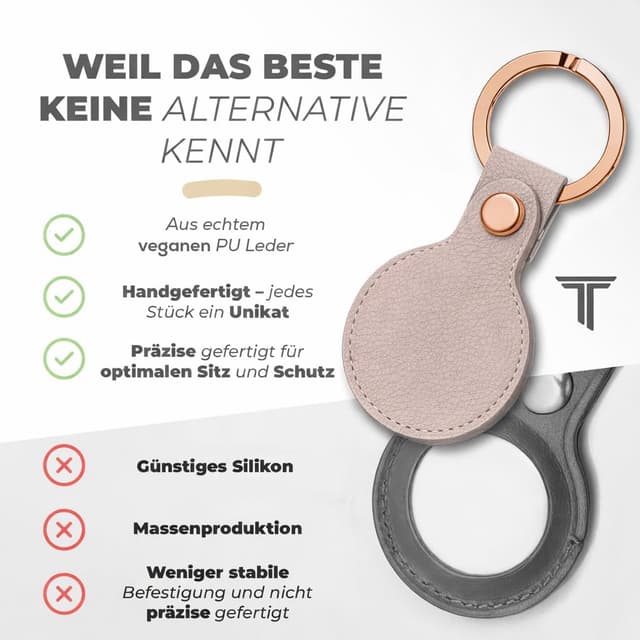 Detalle de TinyTag® veganer Leder Schlüsselanhänger für Apple AirTag (Taupe Roségold) – 2er Pack