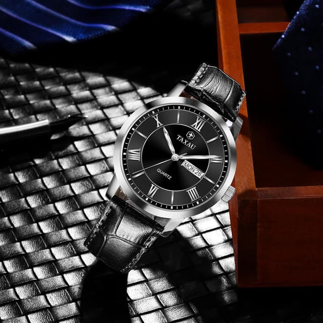 Thumbnail 6 de Taxau Klassische Herren-Lederuhr mit Quarzwerk, analogem Zifferblatt und Datums-/Wochentagsanzeige