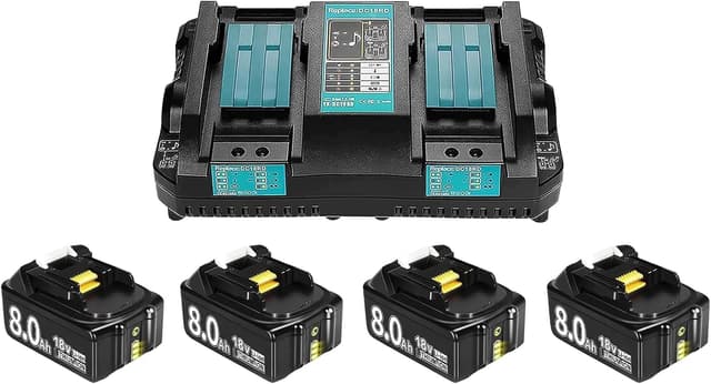 Detalle de 4× 18V 8.0Ah Li‑Ion Ersatzakku für Makita 18V + 6A DC18RD Dual-Port Ladegerät (für BL1850/BL1860 & mehr)