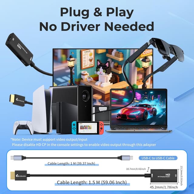 Detalle 2 de Guermok HDMI to USB-C Video Display Adapter (4K@60Hz, AR Glasses Hub, 4.9ft cable) for XREAL One/Air 2 Pro/RayNeo/Rokid & gaming consoles