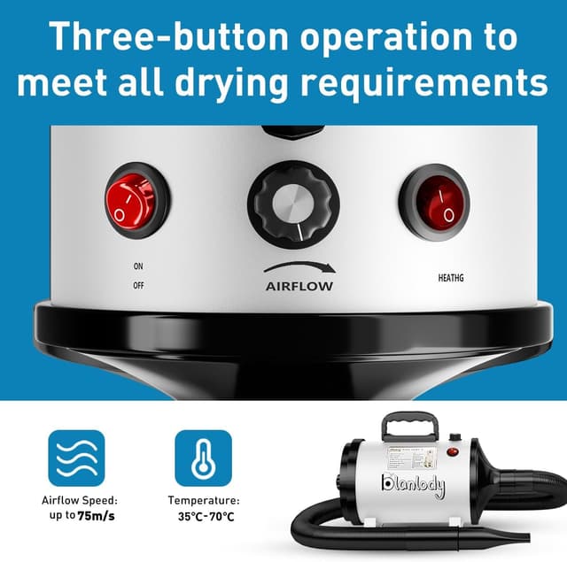 Detalle 2 de Blanlody Dog Hair Dryer Blaster 3200W Pet Grooming Dryer with 4 Nozzles, Brush & Low-Noise Heat Settings