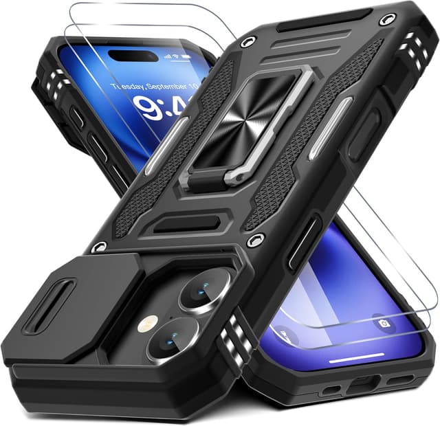 Detalle de DEERLAMN Armor Case for iPhone 17 6.3-Inch (2025) with Slide Camera Cover + Rotated Ring Kickstand, Black (2 Packs)