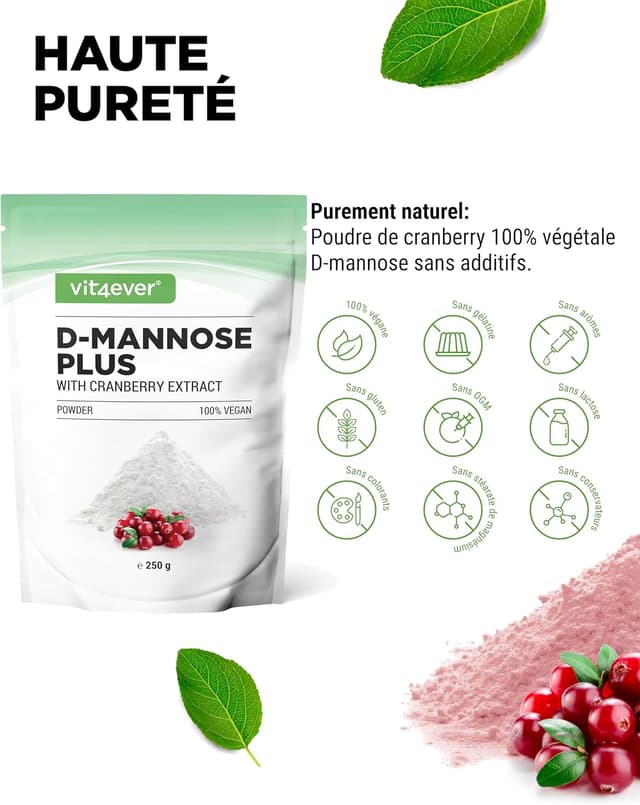 Detalle de Poudre de D-mannose avec cranberry vit4ever – 250 g, à dissoudre dans l’eau