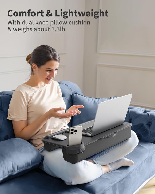 Thumbnail 6 de SAIJI large leather desktop laptop tray with phone holder and wrist rest (supports up to 17-inch laptops)
