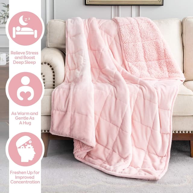 Detalle de Cottonblue Queen Size 15lb Sherpa Weighted Blanket (60 x 80 in) in Blush Pink