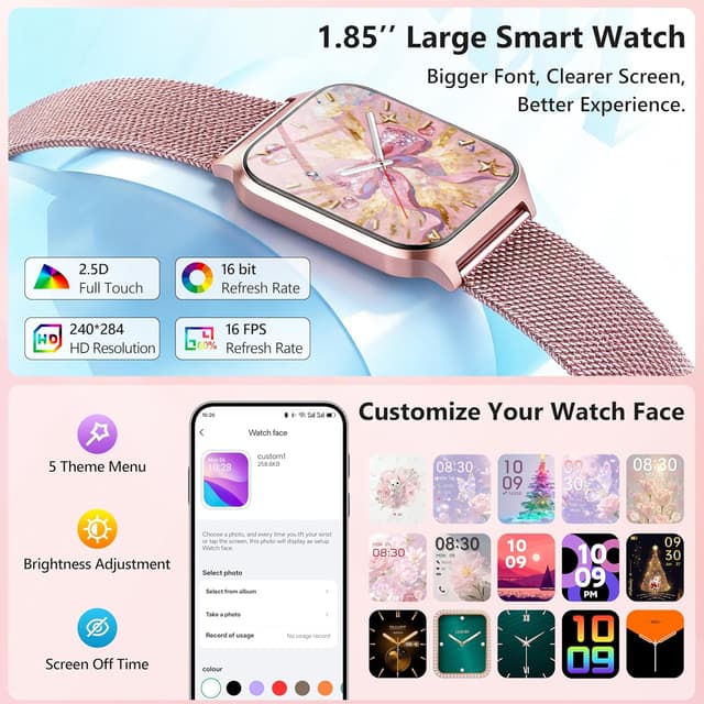 Detalle de Popglory Smartwatch mit Telefonfunktion (Herren & Damen) – Fitnessuhr mit 1,85" HD-Display, Blutdruck, SpO2 & mehr