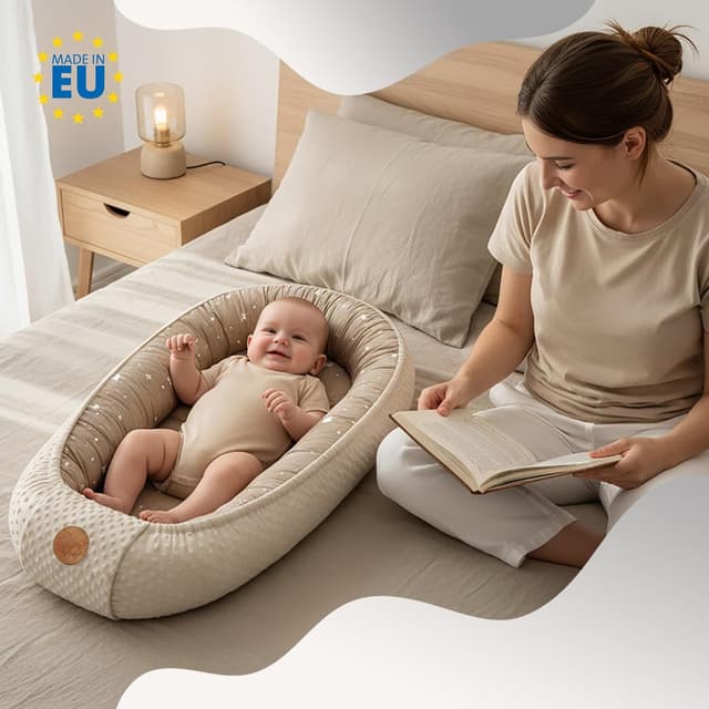 Detalle de Nestchen Baby Babynestchen für Neugeborene aus Baumwolle & Minky, tragbares Nest für Kinderbett, Beige mit weißen Sternen