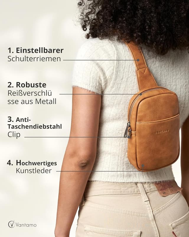Detalle de Vantamo Damen-Umhängetasche mit RFID-Blockierung & Anti-Taschendiebstahl-Clip – veganes Leder