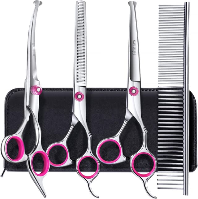 Detalle de Gimars Dog Grooming Scissors Kit (4CR Stainless Steel) – Safety Round Tip, 5 in 1 Thinning & Curved/Straight Shears Set