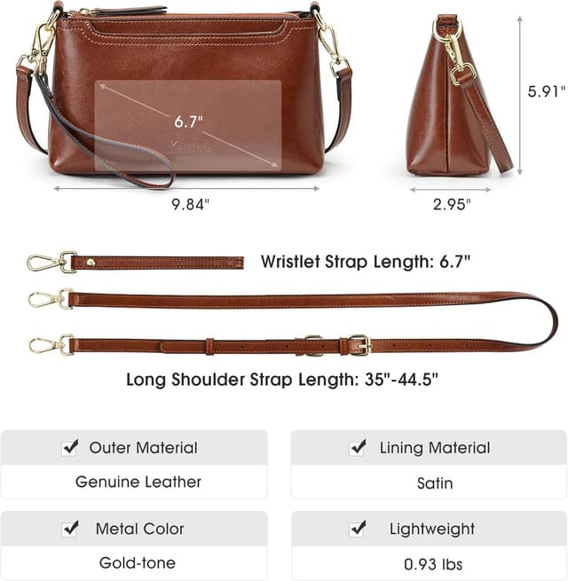 Detalle de Kattee borsa a tracolla in pelle da donna con zip, tracolla regolabile e cinturino da polso