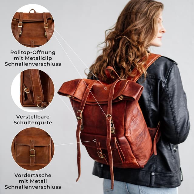 Detalle de Berliner Bags Vintage Rucksack „Leeds M“ aus Leder mit 15-Zoll-Laptopfach – Fahrradrucksack mit Rolltop