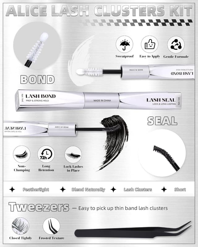 Detalle de ALICE Short Lash Clusters Kit (8mm–10mm–12mm) with Clear Band, Bond & Seal for DIY Wispy Lash Extensions