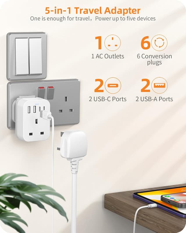Detalle de UK to Worldwide Travel Adapter Set with 6 removable plugs and 4 USB ports (2 USB-C)