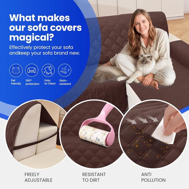 Detalle 2 de Ystyle housse imperméable de canapé d’angle 2 places réversible (gauche/droite) avec accoudoirs, café