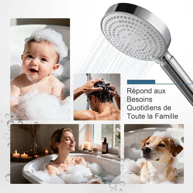 Thumbnail 6 de OFFO Pommeau de douche filtrant anti-calcaire 6 modes avec tuyau 1,6 m (chrome)