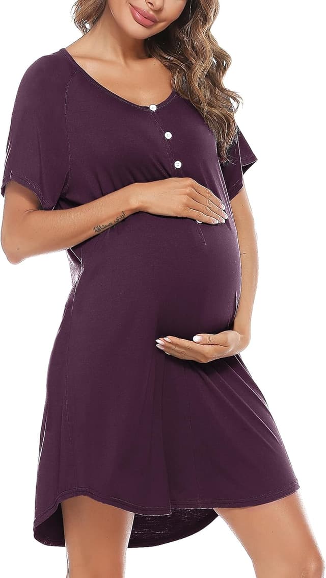 Detalle de Uniexcosm Stillnachthemd Damen Kurzarm aus Baumwolle – Umstandskleid für Schwangerschaft & Stillzeit mit Knopfleiste