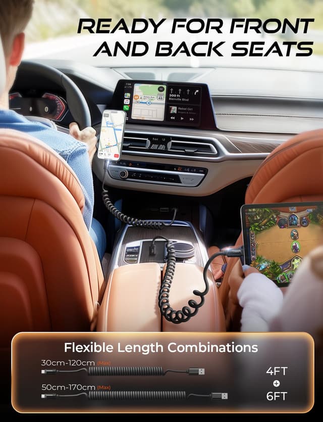 Detalle 2 de LISEN Coiled USB-C Cable 2-Pack (USB A to USB C) for Android Auto & CarPlay — 4+6FT, Space Black