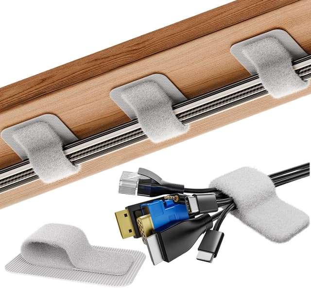 Detalle de Kabelmanagement unter dem Schreibtisch – 20 Paar selbstklebende Kabelhalter mit verstellbarem Kabelbinder, grau