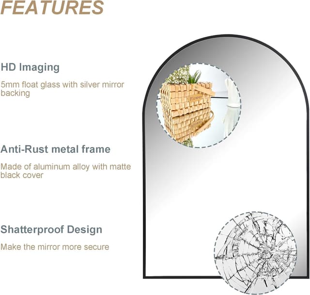 Detalle de Arched Wall Mirror for Bathroom & Vanity, 24x36 Black Metal Frame, Shatterproof Glass