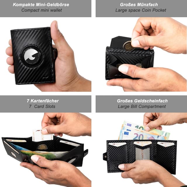 Detalle de Marc Peter Jupiter Airtag Echtleder Geldbörse mit XL-Münzfach – kleines Portemonnaie für Herren (bis 11 Karten, RFID) | AirTag-kompatibel