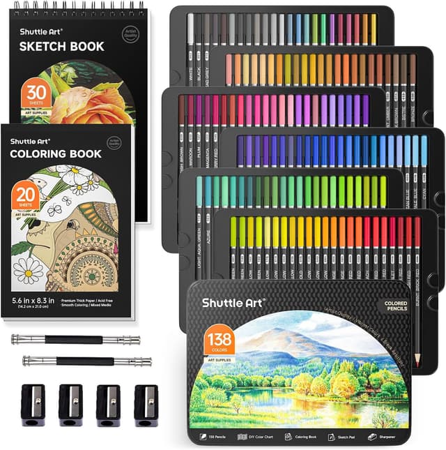 Detalle de Shuttle Art 138 professionelles Buntstifte-Set (138 Farbstifte) inkl. Malbuch, Skizzenbuch, Zubehör