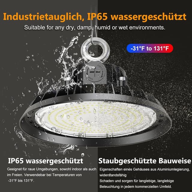 Detalle 2 de RUISUN UFO Hallenstrahler-Set (4 Stück) 100 W, dimmbar, IP65 – 6000 K High-Bay für Werkstatt & Lager