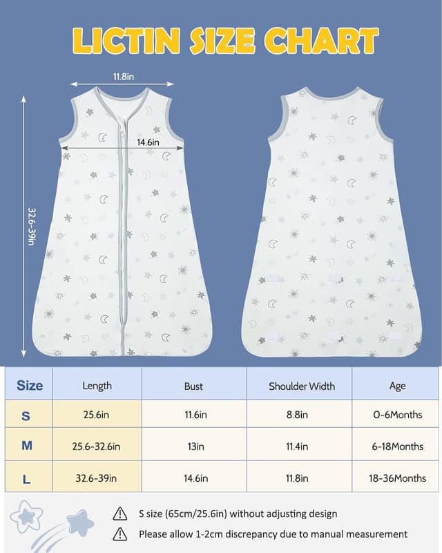 Detalle de Lictin Baby 1.0 Tog Cotton Sleeping Bag (Sleep Sack) with Adjustable Length, White – 18–36 Months