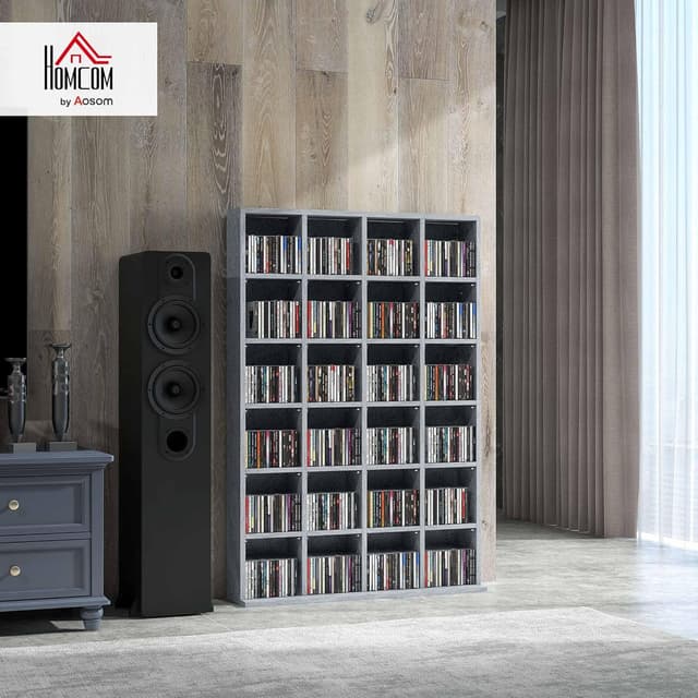 Detalle de HOMCOM Meuble de rangement multimédia pour CD/DVD avec 24 compartiments et étagères réglables, 89 x 20 x 130,5 cm, gris
