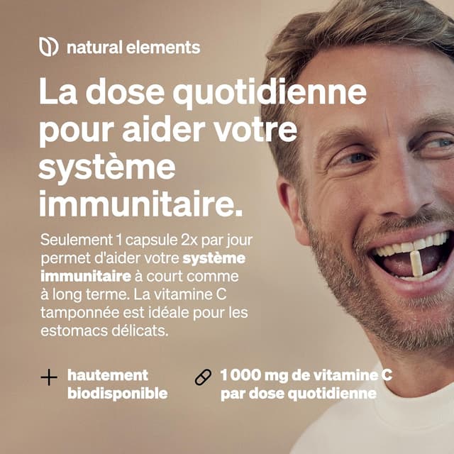 Detalle de Natural Elements Vitamine C 360 gélules (1000 mg) + 15 mg zinc, dose élevée et formule tamponnée